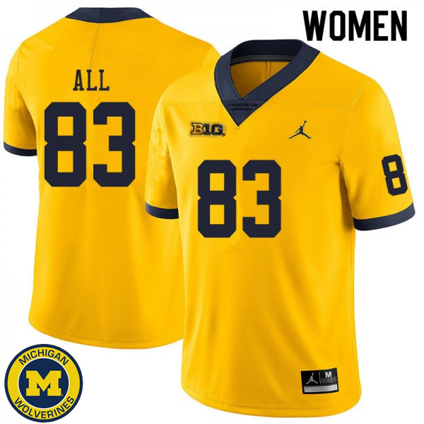 Women Michigan Wolverines #83 Erick All Yellow NCAA Football Jersey